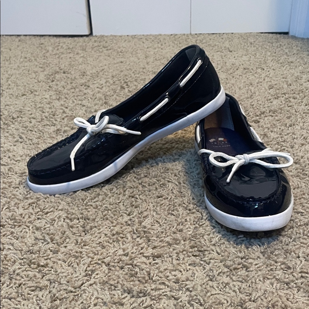 Cole Haan Glossy Navy Boat Shoe Loafers with White Laces
